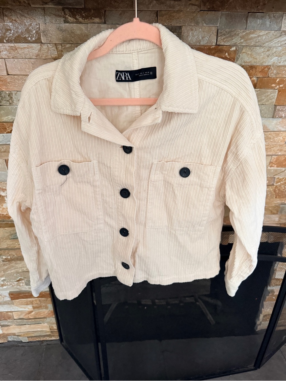Zara Cream Corduroy Boxy Button Jacket with Black Buttons